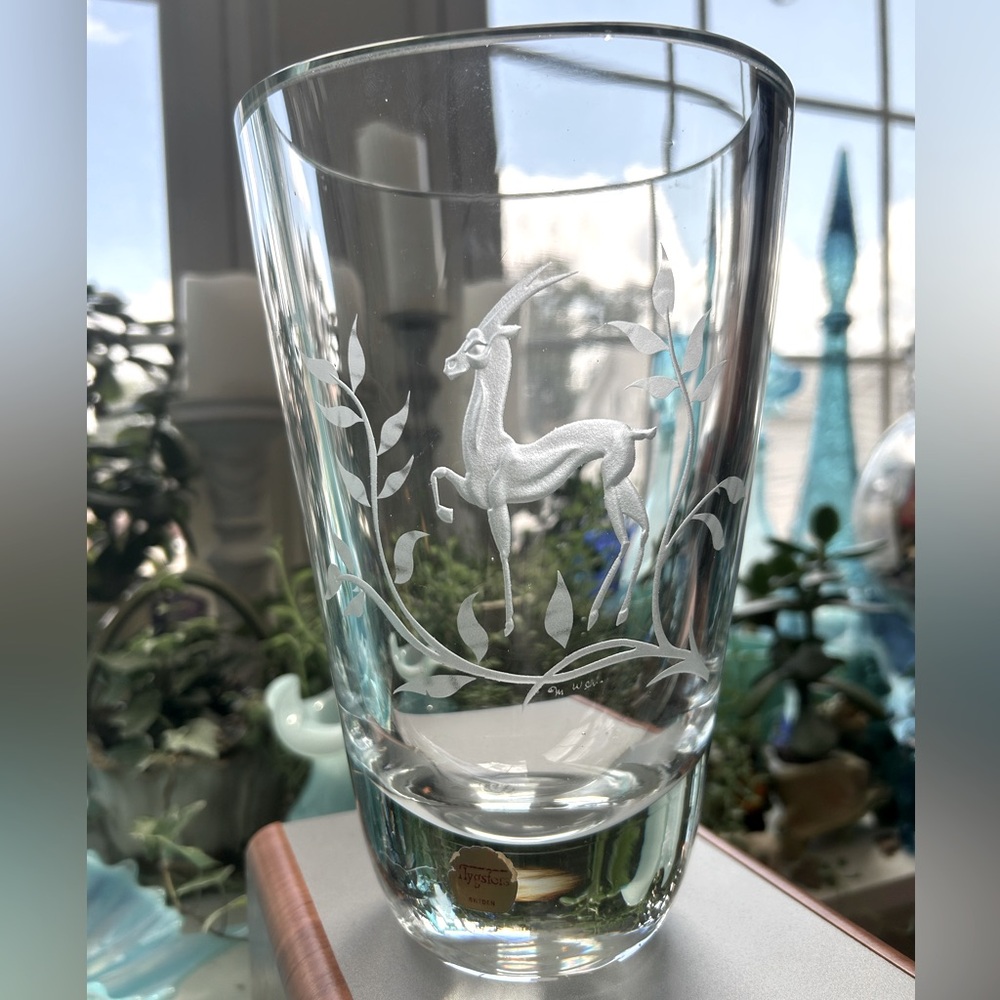 Vintage Art Deco Midcentury Flysfors Sweden Glass Vase Etched Gazelle 8”